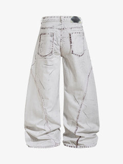 Cyber-Grunge Distressed Tinted Curved Jeans - White Gray