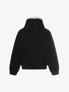 Streetwear Metal Clip Faux Fur Hooded Suede Bomber Jacket - Negro