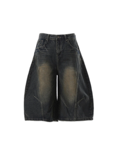 Curved Silhouette 3D Paneled Denim Shorts - Negro - MAIN