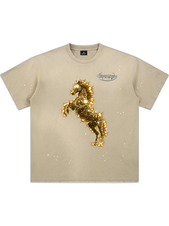 Vintage Wash Glitter Horse Pattern Splash Ink T-Shirt - Albaricoque
