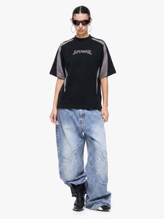 Suede Panel Embroidered Logo Short Sleeve T-Shirt - Negro