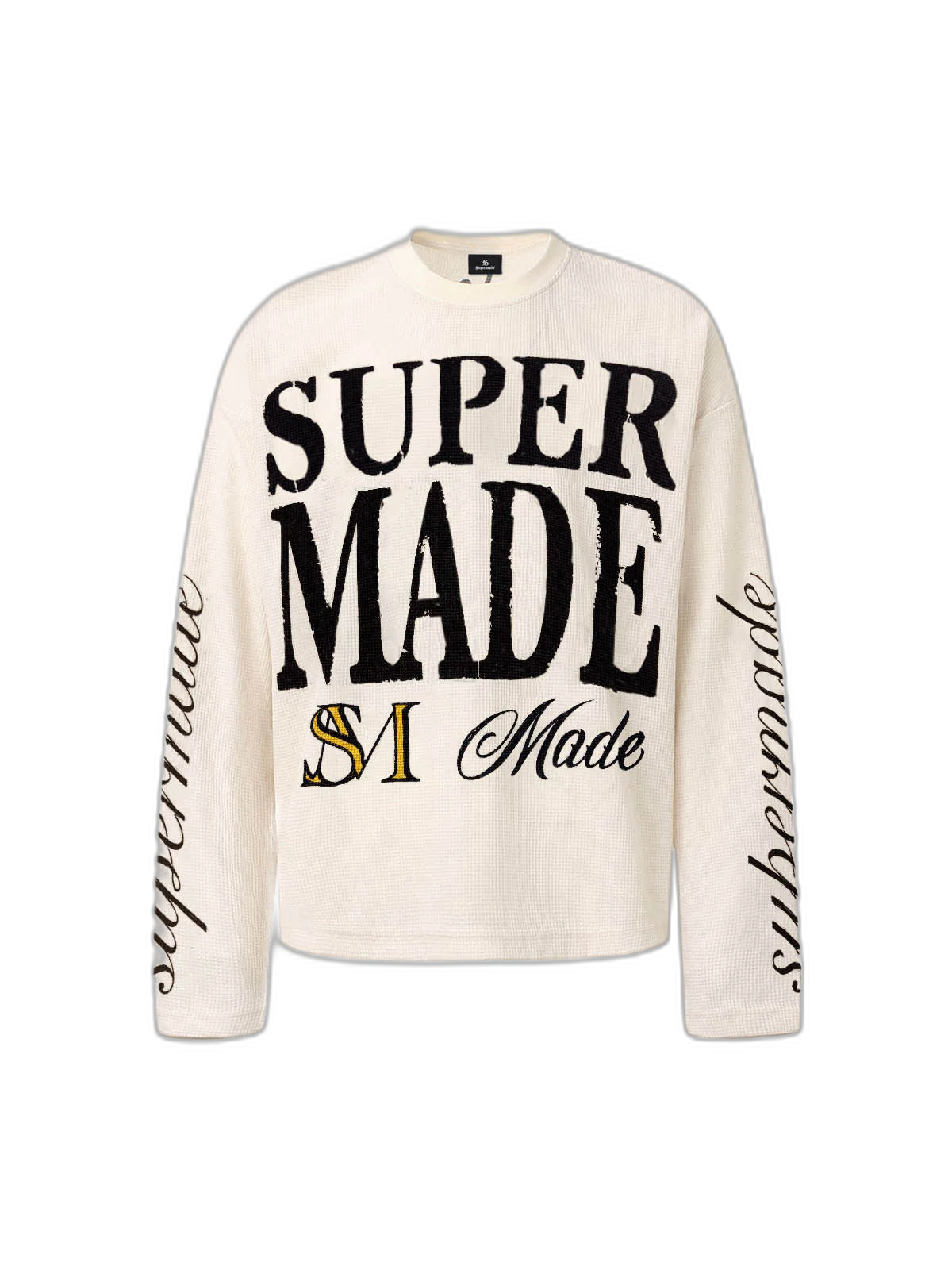Retro Letter Print Waffle Simplicity Long-Sleeved T-Shirt
