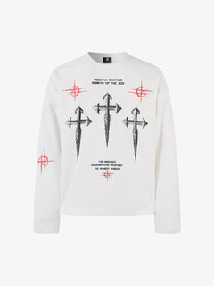 Letter Print Waffle Cross Long-Sleeved T-Shirt - Blanco