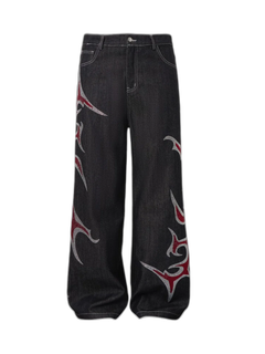 Tribal Rhinestone Graphic Wide Leg Jeans - Negro