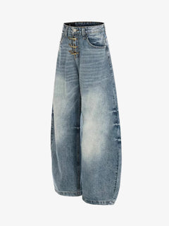 Washed Metal Hook Front Design Barrel Jeans - Azul