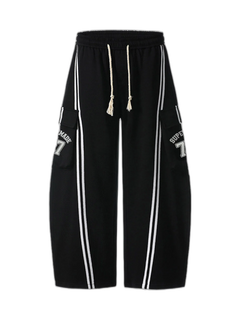 Cotton Web Stitching Letter Print Drawstring Barrel Pants - Negro - MAIN