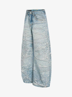Vintage Washed Rhinestone Wide Leg Denim Jeans - Azul
