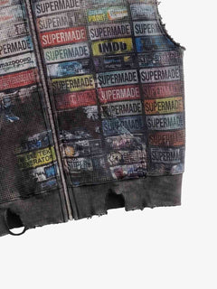 Distressed Multi-Label Graphic Sleeveless Zip Hoodie - Gris oscuro