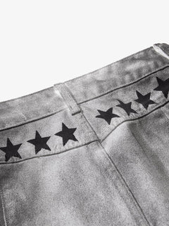 Distressed Dirty Wash Text Graphic Star Trim Straight Leg Pants - Gris