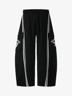 Cotton Web Stitching Letter Print Drawstring Barrel Pants - Negro