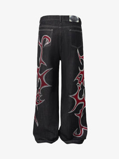 Tribal Rhinestone Graphic Wide Leg Jeans - Negro