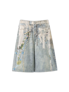 Jewelry Pearl Graphic Print 3D Effect Denim Shorts - Light Blue