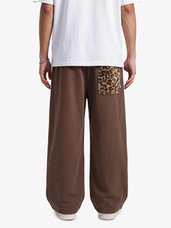 Retro Double-Waist Leopard Patch Barrel Pants - Dark Brown