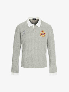 Retro Contrast Collar Embroidery Knit Sweater - Gris