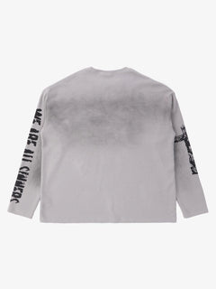 Waffle-Knit Distressed Gradient Print Long T-Shirt - Light Grey