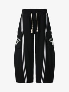 Cotton Web Stitching Letter Print Drawstring Barrel Pants - Negro