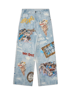 Retro Artistic Graffiti Angelic Prints Baggy Jeans - Azul