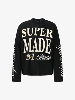 Retro Letter Print Waffle Simplicity Long-Sleeved T-Shirt - Negro