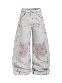 Cyber-Grunge Distressed Tinted Curved Jeans - White Gray - MAIN