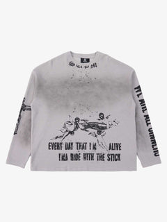 Waffle-Knit Distressed Gradient Print Long T-Shirt - Light Grey