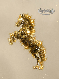 Vintage Wash Glitter Horse Pattern Splash Ink T-Shirt - Albaricoque