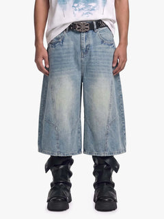 Curved Silhouette 3D Paneled Denim Shorts - Light Blue