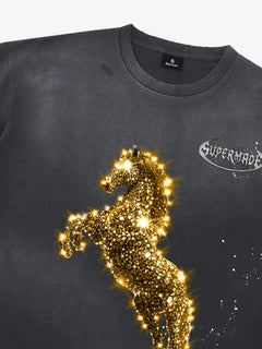 Vintage Wash Glitter Horse Pattern Splash Ink T-Shirt - Negro