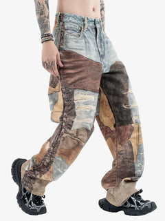 High Street Distressed Washed Printed Jeans - Café
