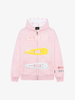 Detachable Hair Clip Decoration Zip Up Hoodie - Rose Hermosa
