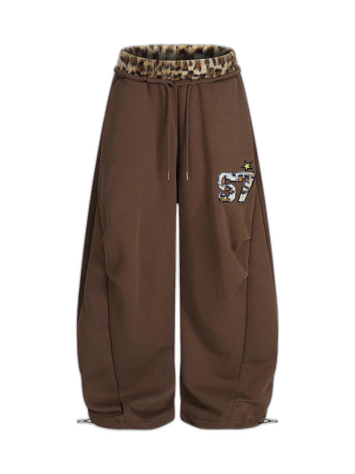 Retro Double-Waist Leopard Patch Barrel Pants