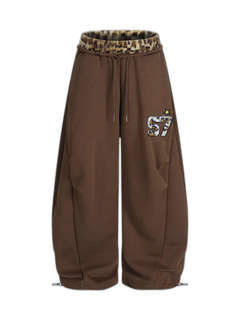Retro Double-Waist Leopard Patch Barrel Pants - Dark Brown