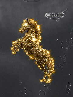 Vintage Wash Glitter Horse Pattern Splash Ink T-Shirt - Negro