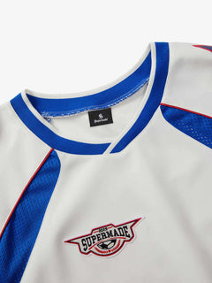 Colorblock Star Print Mesh Jersey T-Shirt - Blue And White