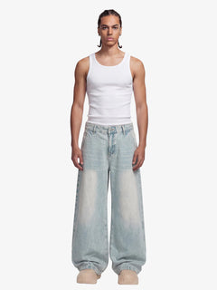 Denim Washed Distressed Barrel Jeans - Light Blue