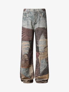High Street Distressed Washed Printed Jeans - Café
