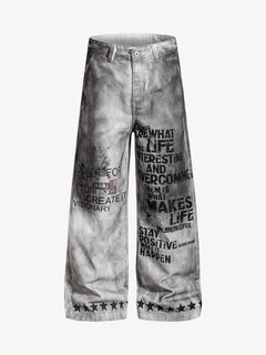 Distressed Dirty Wash Text Graphic Star Trim Straight Leg Pants - Gris