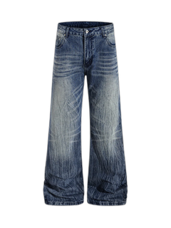 Vintage Washed Distressed Flared Denim Jeans - Azul
