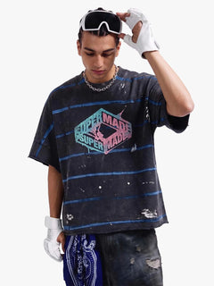 Vintage Washed Striped Paint Splatter Graphic T-Shirt - Negro