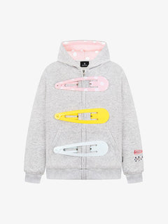Detachable Hair Clip Decoration Zip Up Hoodie - Gris