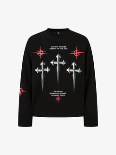 Letter Print Waffle Cross Long-Sleeved T-Shirt - Negro
