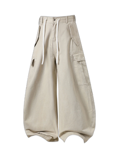 Curved-Hem Baggy Cargo Pants - Khaki - MAIN