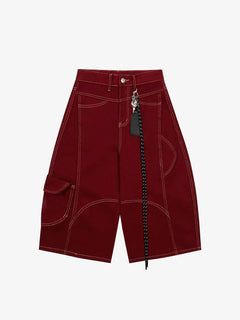 Denim Welt-Embellished Cargo Jorts - Rojo
