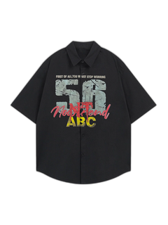Retro Letter Print Short Sleeve Shir - Negro