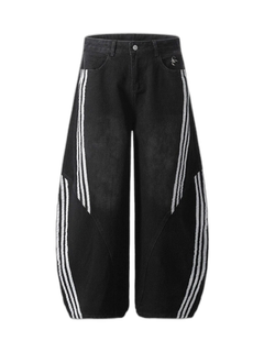 Contrast Side Stripe Denim Barrel Jeans - Azul - MAIN