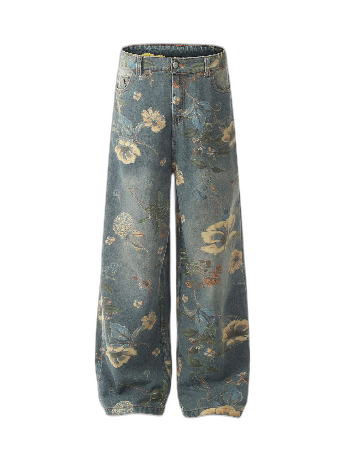 Denim Floral Print Carpenter Jeans