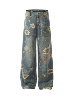 Denim Floral Print Carpenter Jeans - Azul - MAIN