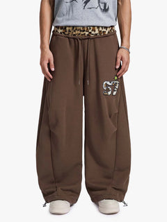Retro Double-Waist Leopard Patch Barrel Pants - Dark Brown