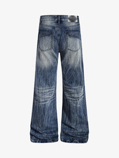 Vintage Washed Distressed Flared Denim Jeans - Azul