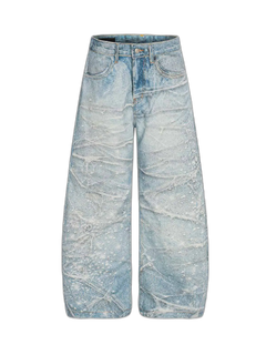 Vintage Washed Rhinestone Wide Leg Denim Jeans - Azul