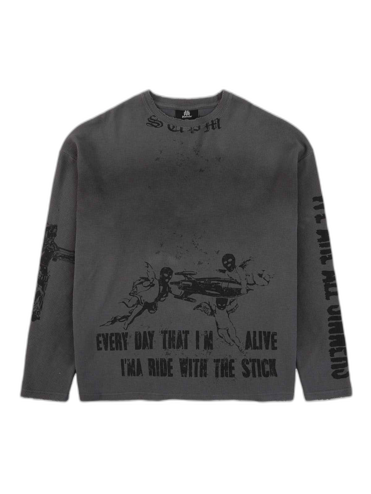 Waffle-Knit Distressed Gradient Print Long T-Shirt